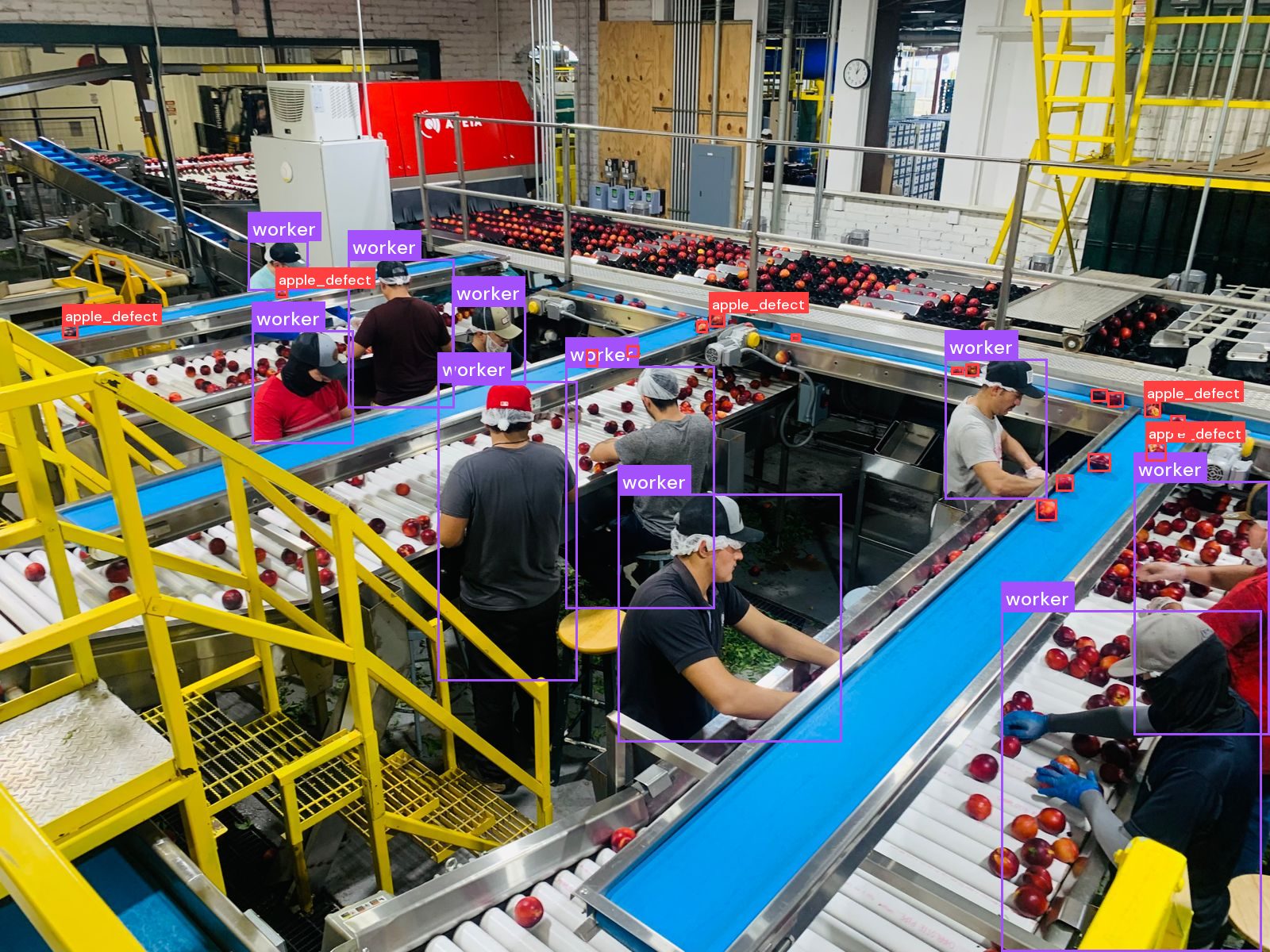 Produce inspection line with computer vision detections on product and personnel