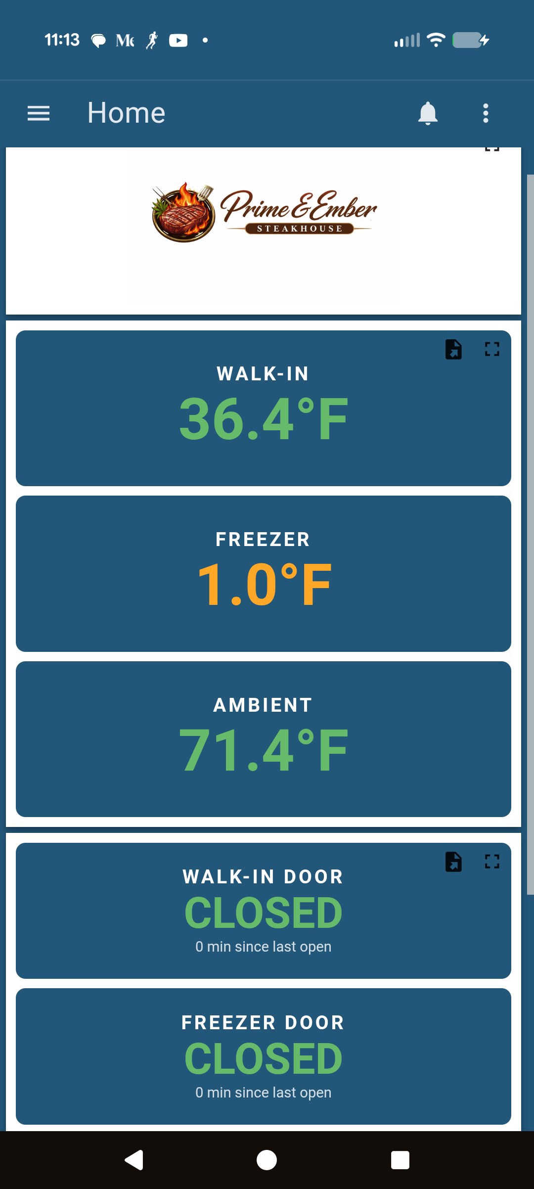 Geigyr mobile dashboard showing live restaurant temperature and door monitoring